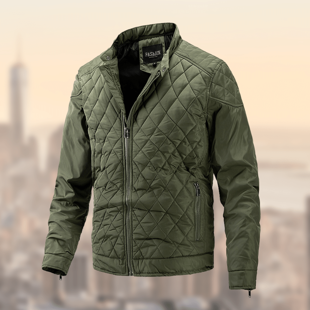 Durable men's lightweight quilted bomber jacket with stand collar, perfect for cool spring and fall weather.