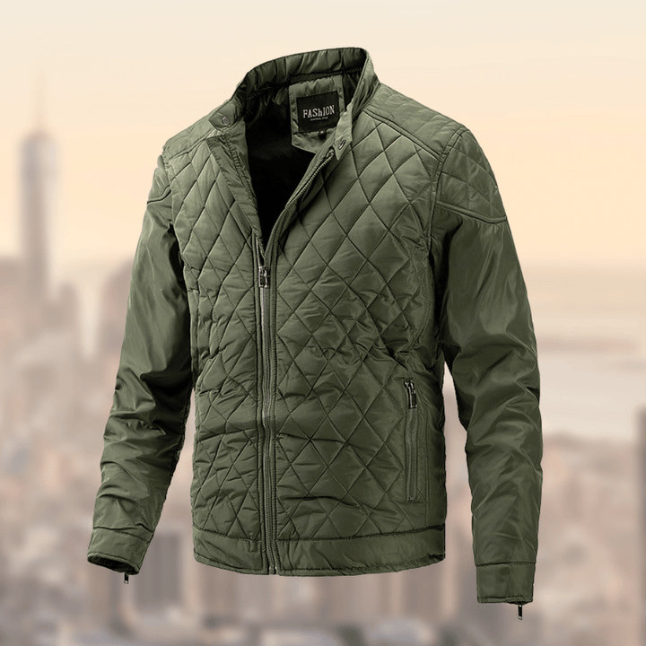 Durable men's lightweight quilted bomber jacket with stand collar, perfect for cool spring and fall weather.