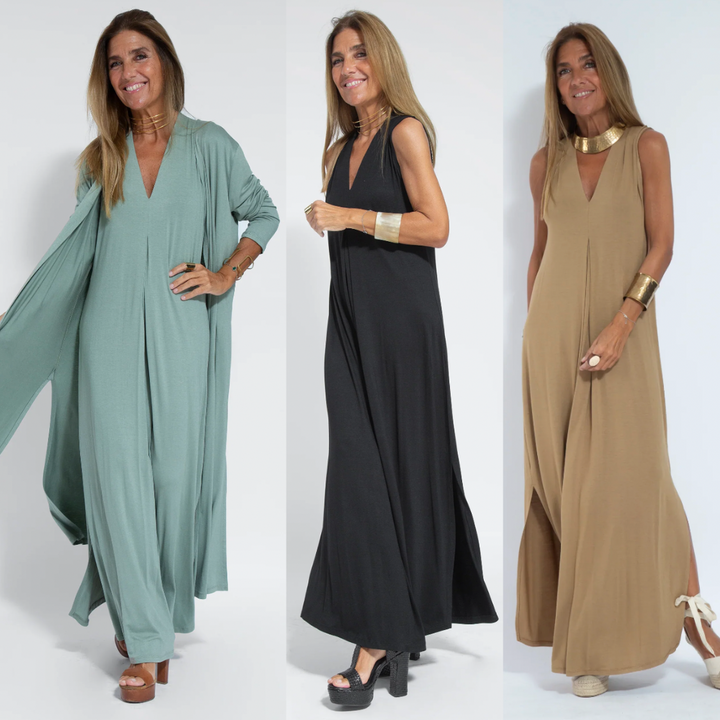 Back view: women's long slimming maxi dress & vest set, showcasing elegant fit & graceful silhouette.