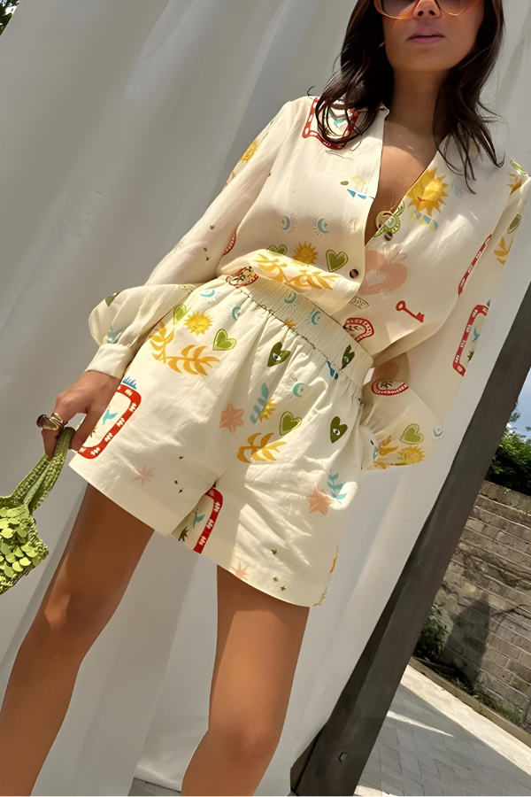High-waisted shorts from the women's two-piece leisurewear set, showcasing the breathable fabric and eclectic print.