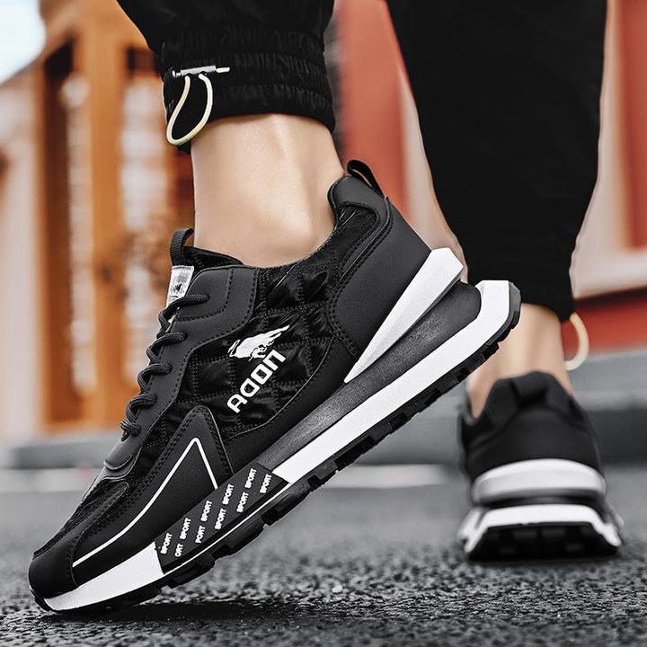 White men's chunky platform lace-up sneakers, offering a fresh, trendy, and comfortable look.