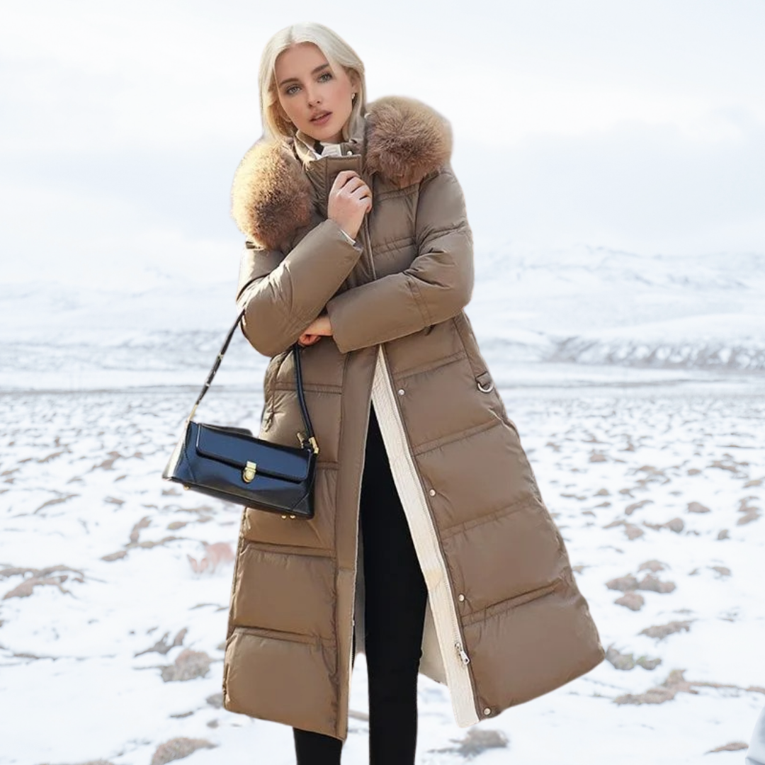 Stylish women's winter parka with a plush fur hood, perfect warm coat for cold weather fashion.