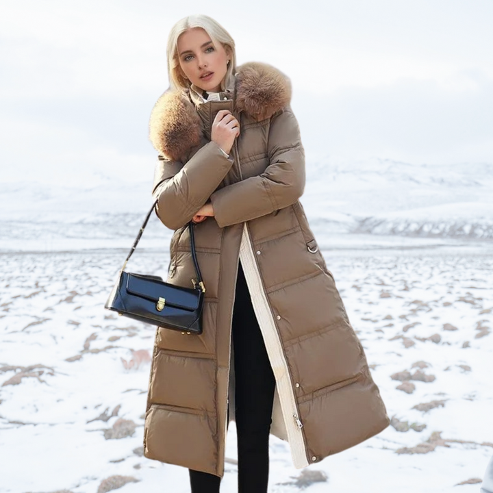 Stylish women's winter parka with a plush fur hood, perfect warm coat for cold weather fashion.
