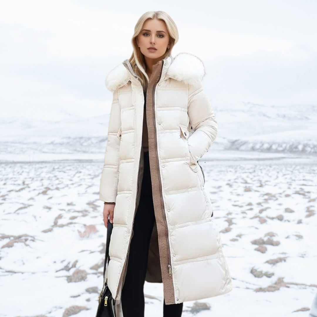 Essential women's winter parka with plush fur hood, a cozy and stylish coat for the cold season.