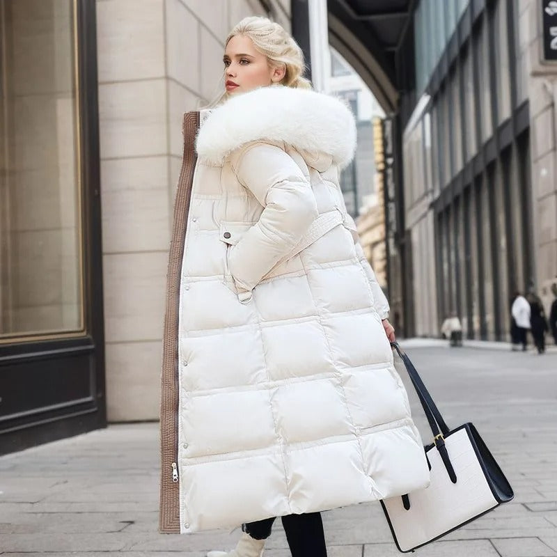 Premium women's winter parka, a quality warm coat with a luxurious plush fur hood for winter.