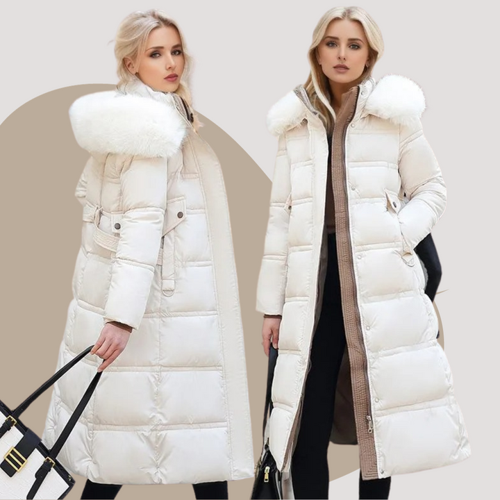High-quality women's winter parka with a plush fur hood, designed for warmth, comfort, and style.
