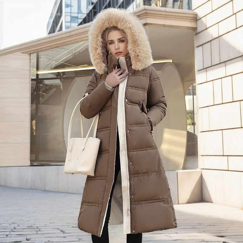 Elegant women's winter parka with a detachable plush fur hood, providing stylish cold weather protection.