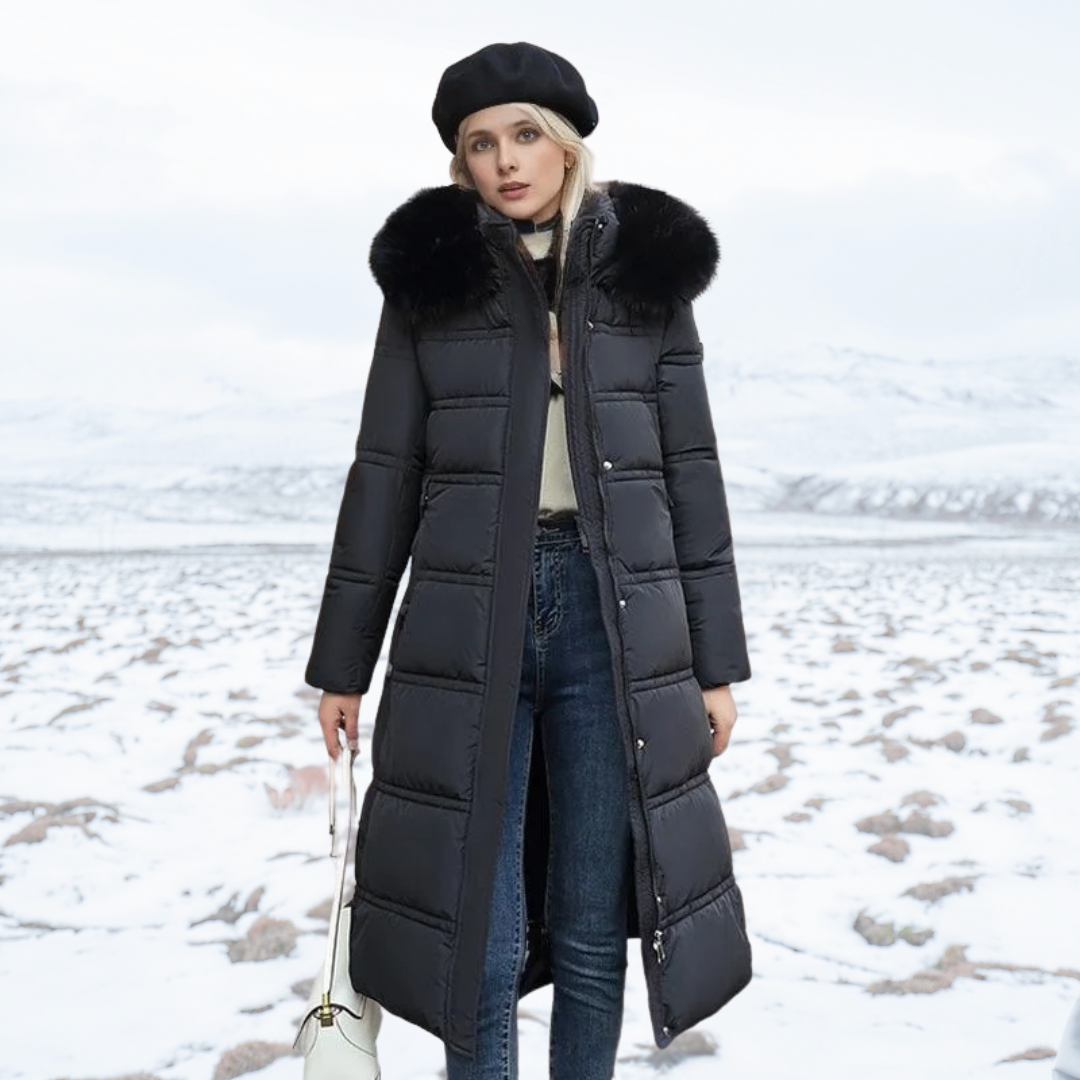 Fashionable women's winter parka, a warm hooded coat with luxurious plush fur for stylish warmth.
