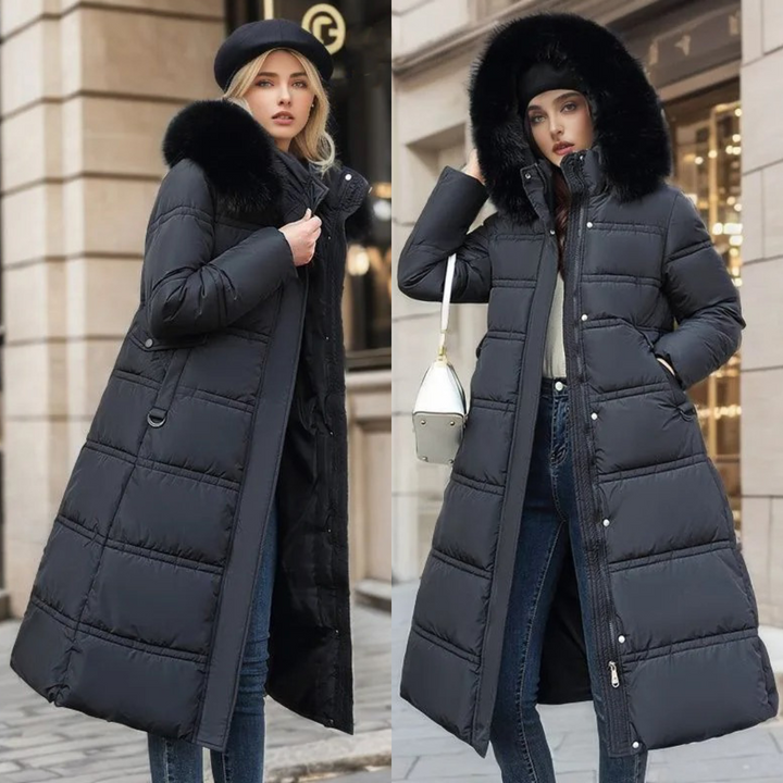 Full view of a stylish women's winter parka, showcasing its plush fur hood and warm, cozy design.