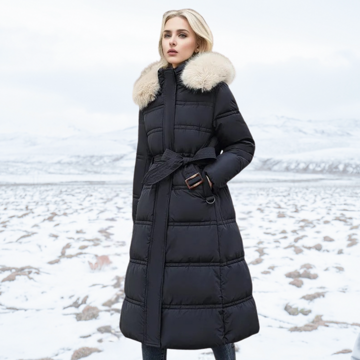 Women's stylish winter parka for cold weather, a warm coat with a cozy plush fur hood.