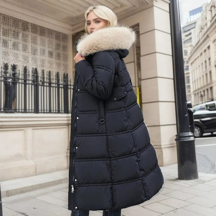 Close-up of plush fur hood on a women's stylish winter parka, highlighting luxurious detail.