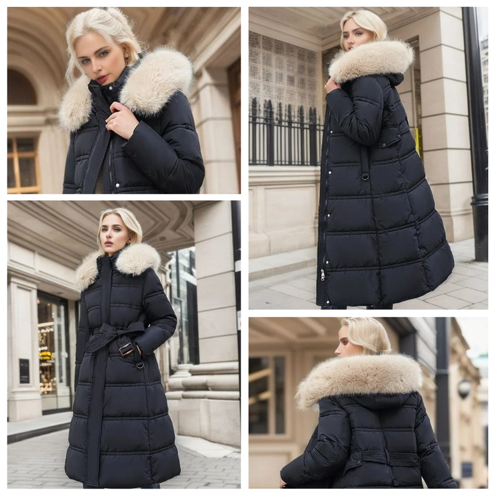Durable women's winter parka with a soft plush fur hood, a warm and stylish cold weather jacket.