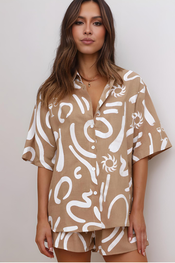 Fashionable two-piece summer set for women, featuring comfortable shorts & top, vacation-ready.