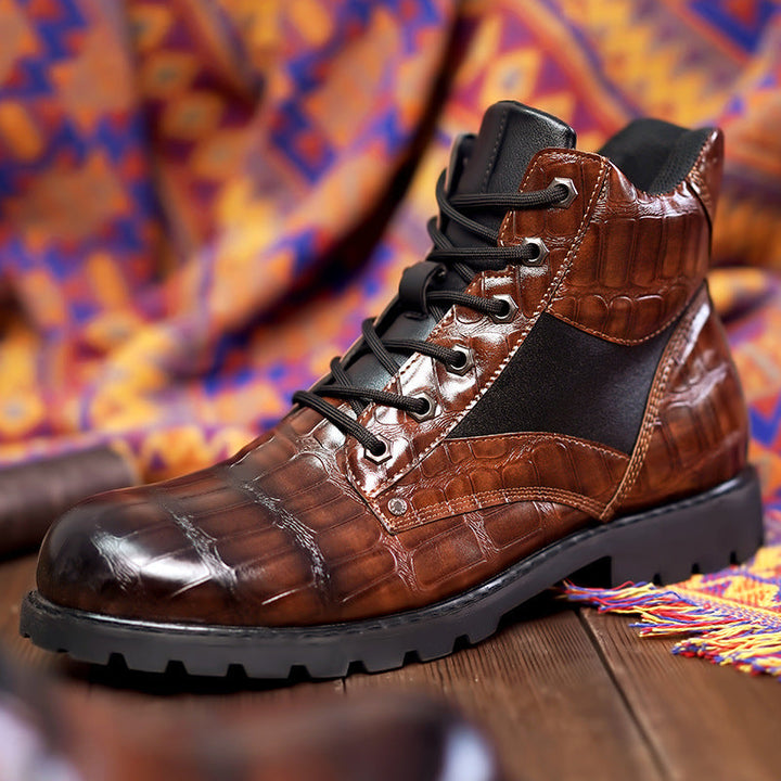 Close-up of men's combat boots, highlighting alligator embossed pattern, sturdy laces, and non-slip traction sole.