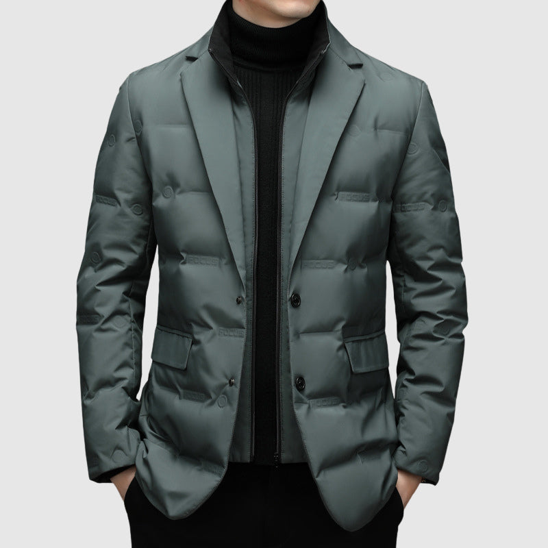Warm men's insulated padded winter jacket with down filling, offering superior cold weather protection & style.