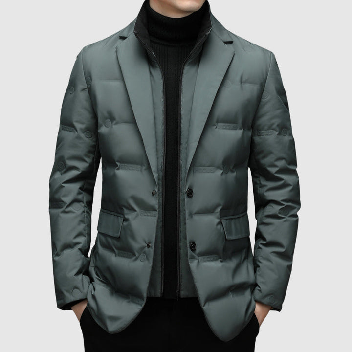 Warm men's insulated padded winter jacket with down filling, offering superior cold weather protection & style.