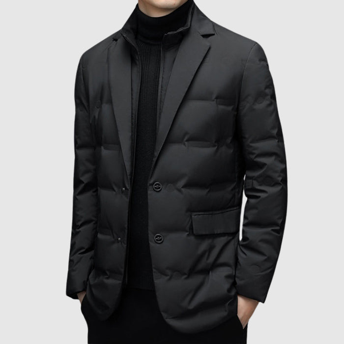 Classic men's padded winter jacket, elegant & insulated with down, a stylish choice for cold weather outerwear.