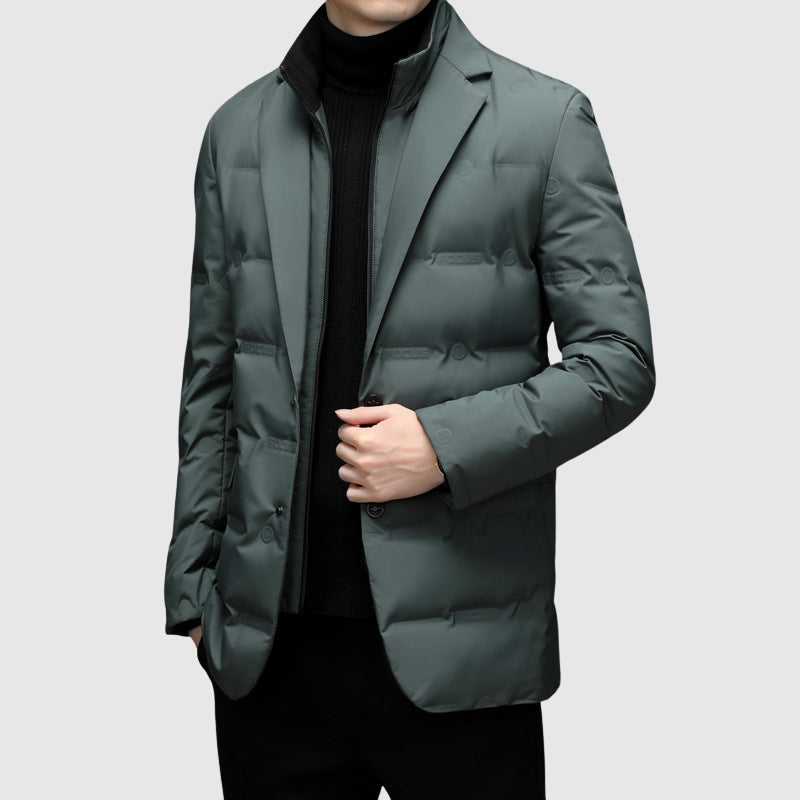 Man wearing a sophisticated elegant padded winter jacket, ideal for men's fashion & everyday stylish winter wear.