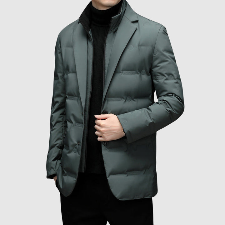 Man wearing a sophisticated elegant padded winter jacket, ideal for men's fashion & everyday stylish winter wear.