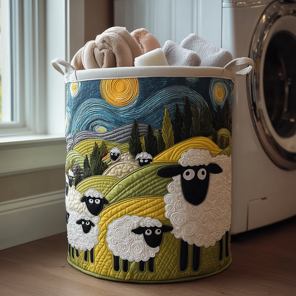 Decorative Lamb Meadow quilted laundry basket, cotton blend foldable hamper for bedroom or bathroom storage, home organizer.