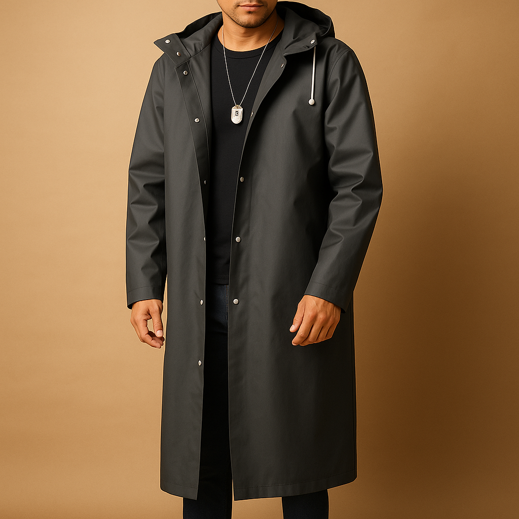 Man wearing a black waterproof rain jacket while hiking, providing weather protection for outdoor adventures.