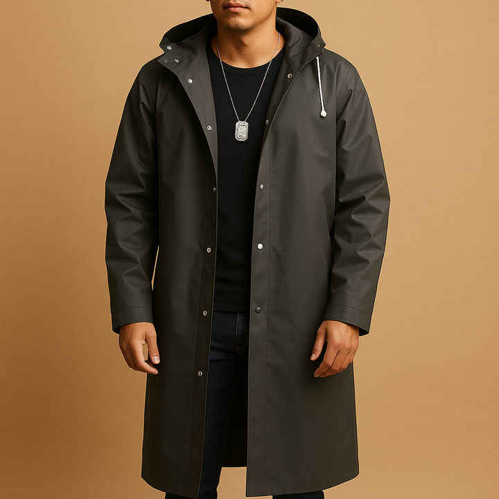 Men's black waterproof rain jacket for outdoor hiking & camping adventures, offering ultimate weather protection.