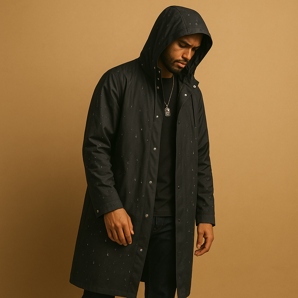 Durable men's waterproof rain jacket in black, ideal for outdoor adventures, designed for a comfortable layered fit.