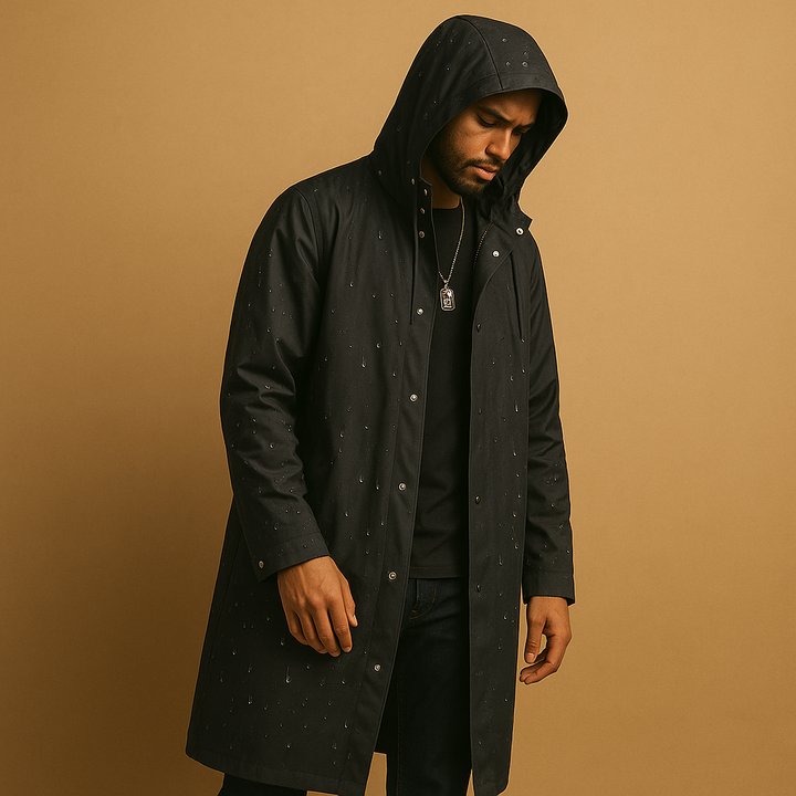 Durable men's waterproof rain jacket in black, ideal for outdoor adventures, designed for a comfortable layered fit.