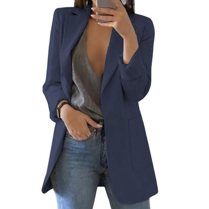 Elegant women's long open-front blazer, ideal for layering over outfits for a polished, refined look.