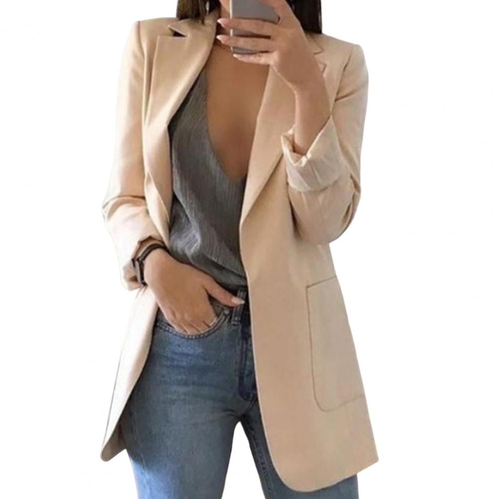 Women's long open-front blazer jacket, an essential elegant & versatile outerwear piece for women.