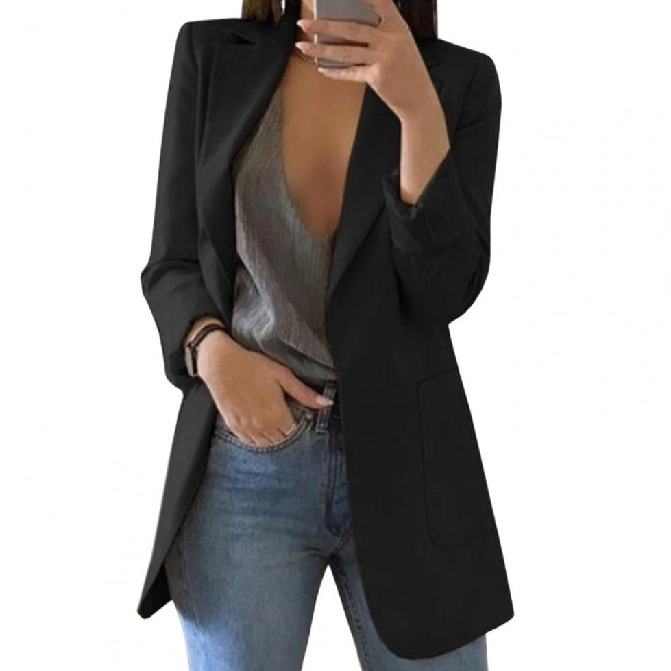 Women's elegant long open-front blazer, perfect for versatile business or casual fashion.