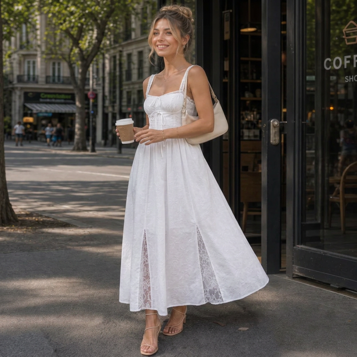 White square-neck maxi dress for women, sleeveless, with a chic tie front detail and beautiful sheer lace panels.