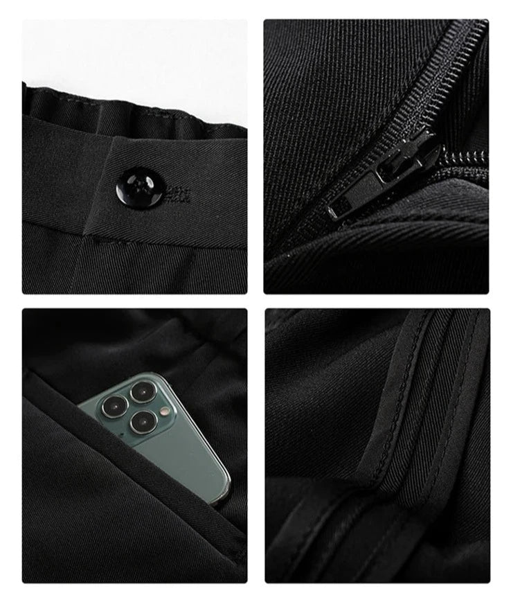 Draped black men's polyester blend trousers with a relaxed fit, combining comfort for business & casual.