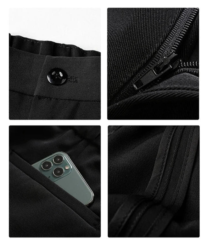 Draped black men's polyester blend trousers with a relaxed fit, combining comfort for business & casual.
