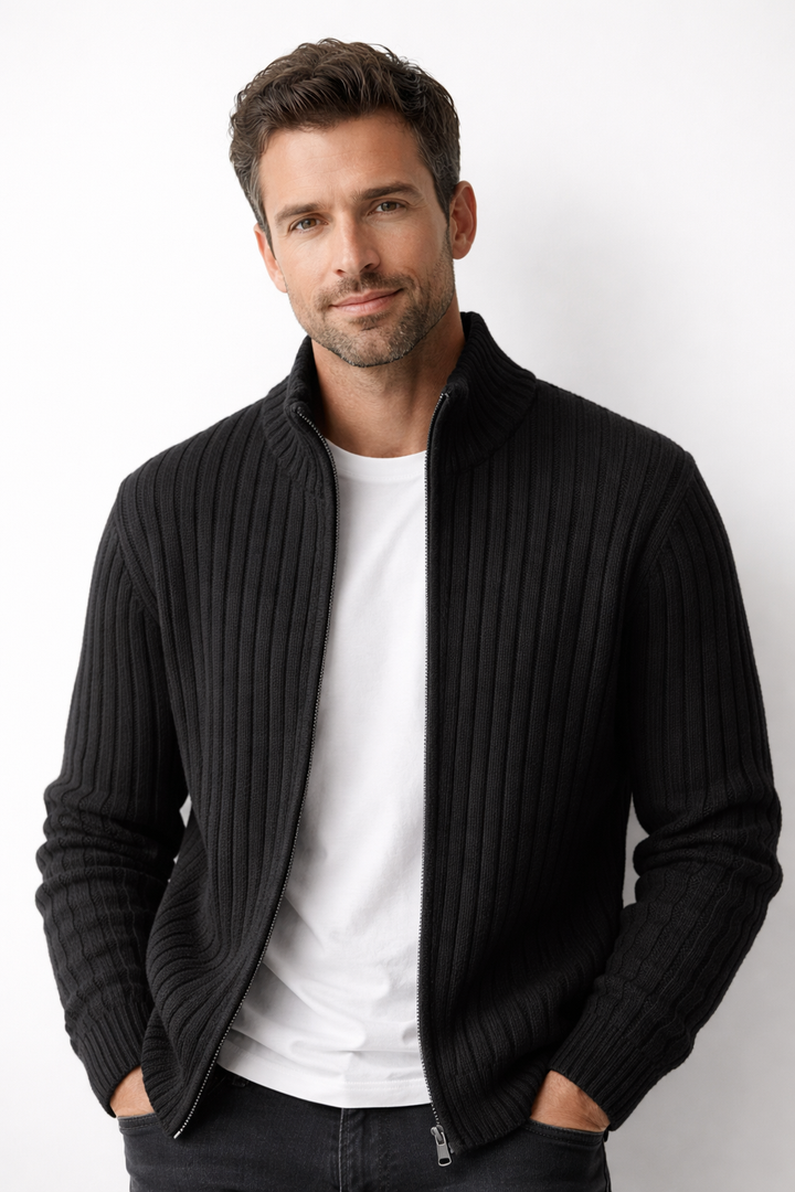 Men's ribbed zip cardigan, stand collar knit jacket for versatile casual or smart casual layering.
