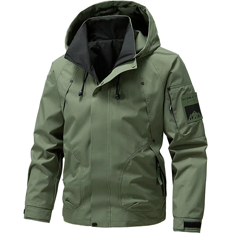 Essential men's hooded outerwear, lightweight waterproof softshell for versatile outdoor protection.