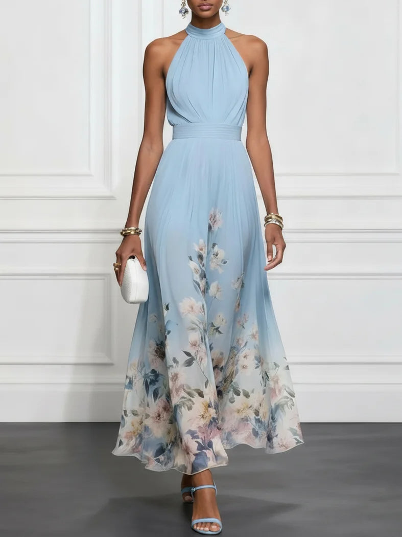Elegant women's floral halter maxi dress. Perfect for summer occasions, parties, or vacations. A-line style.