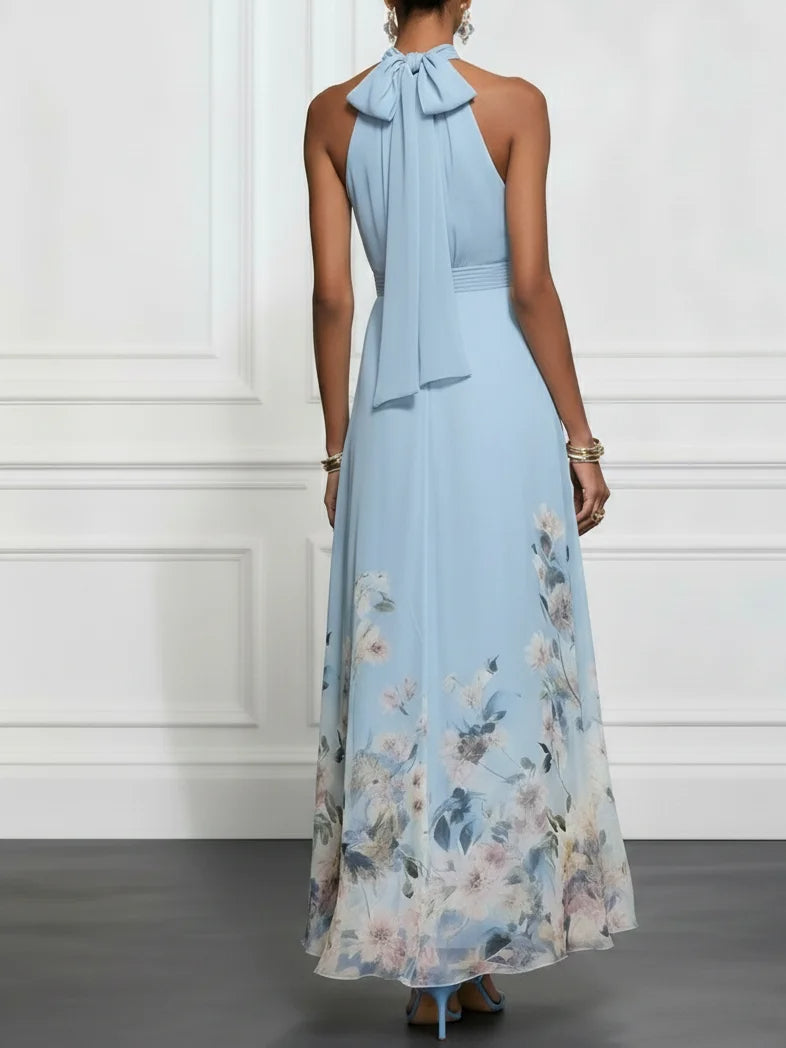 Stunning women's floral halter maxi dress, elegant summer party wear. Sleeveless A-line occasion dress.