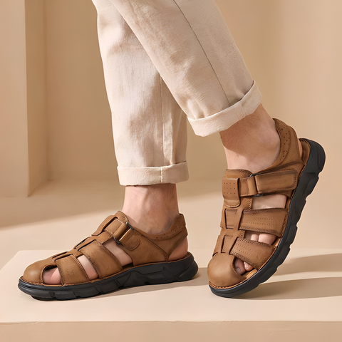 Men's closed-toe fisherman sandals with adjustable Velcro straps for comfortable, durable outdoor wear.