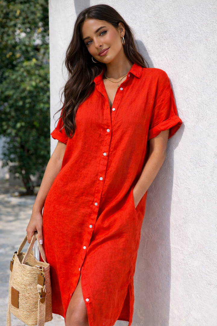 Women's button-front relaxed fit shirt dress for summer. Casual short style, perfect for everyday wear.
