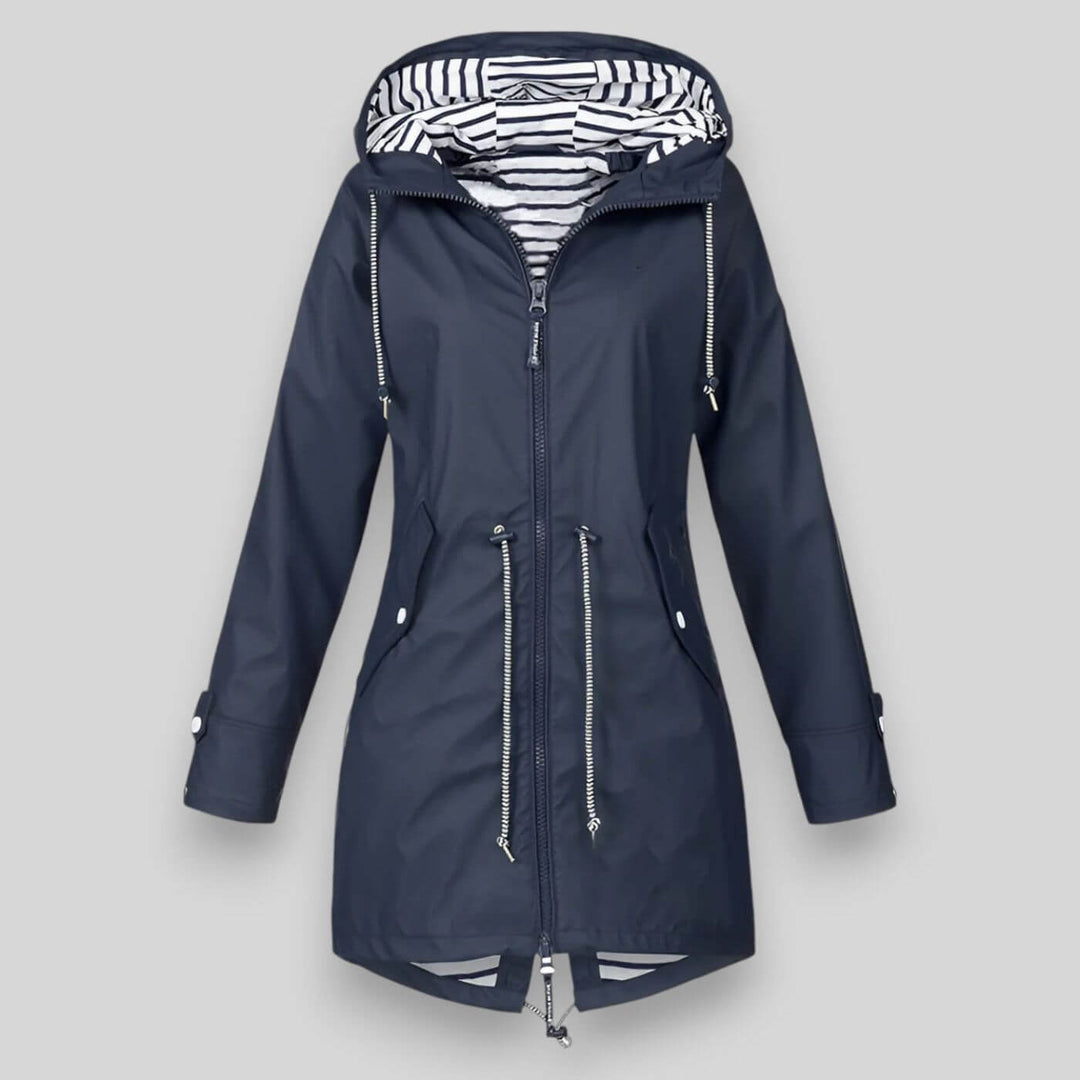 Women's sleek waterproof rain jacket, a stylish outerwear essential for all-weather protection & women's fashion.