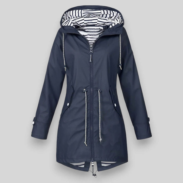 Women's sleek waterproof rain jacket, a stylish outerwear essential for all-weather protection & women's fashion.