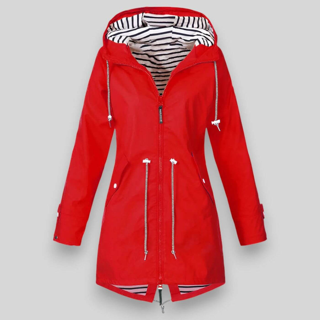 Stylish women's waterproof rain jacket with adjustable hood & cuffs, ensuring dry comfort for any season.
