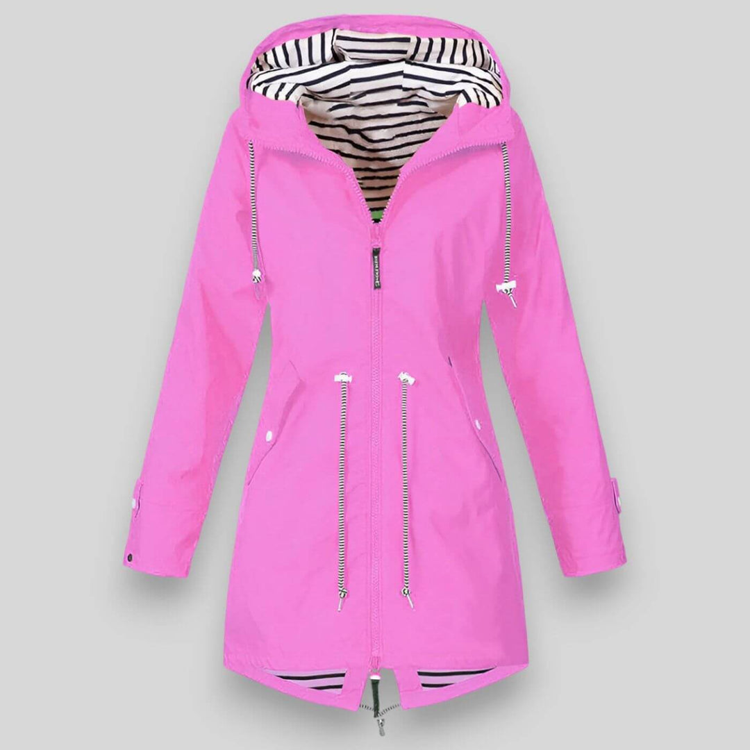 All-weather women's sleek rain jacket, perfect for spring & autumn outdoor activities & fashionable protection.