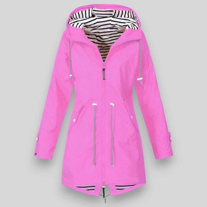 All-weather women's sleek rain jacket, perfect for spring & autumn outdoor activities & fashionable protection.