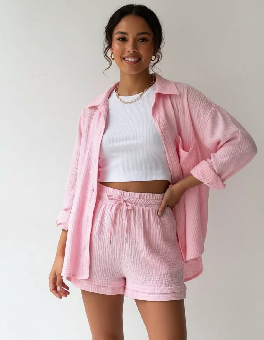 Women's fashion lounge set, a lightweight two-piece with relaxed shorts, perfect for any season.