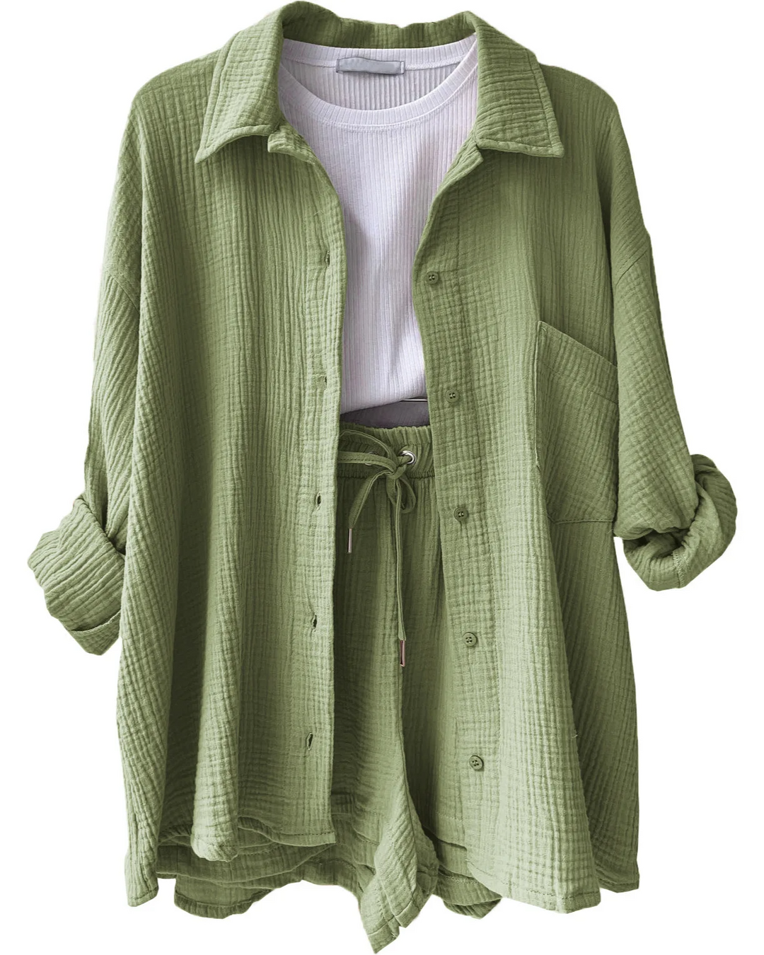 Khaki women's two-piece short set, a stylish summer outfit for daily activities.