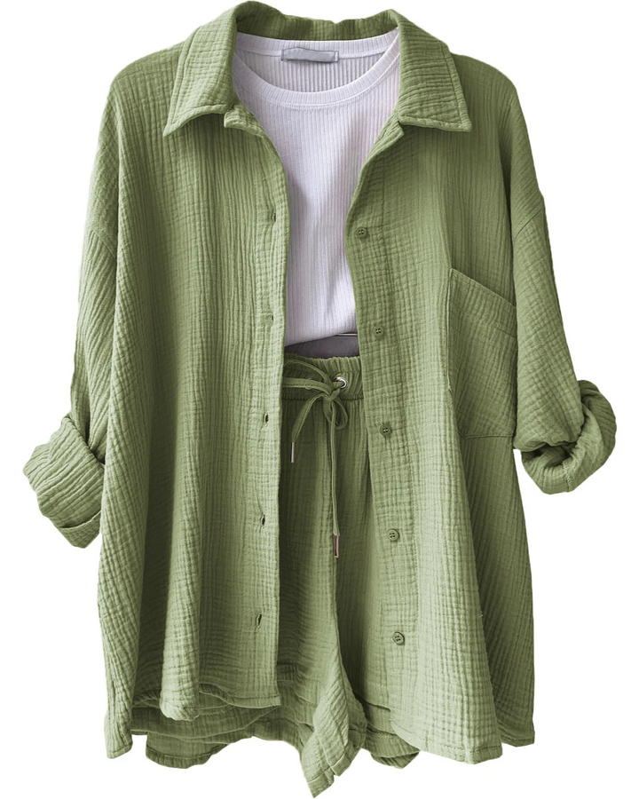 Khaki women's two-piece short set, a stylish summer outfit for daily activities.