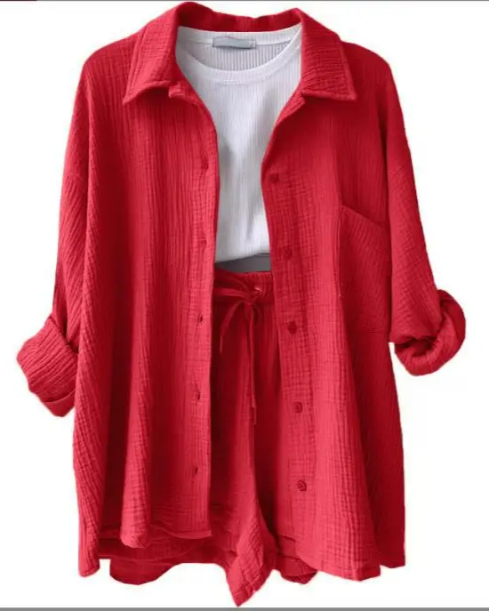 Women's lightweight lounge set, shown on a hanger, emphasizing its breathable material.