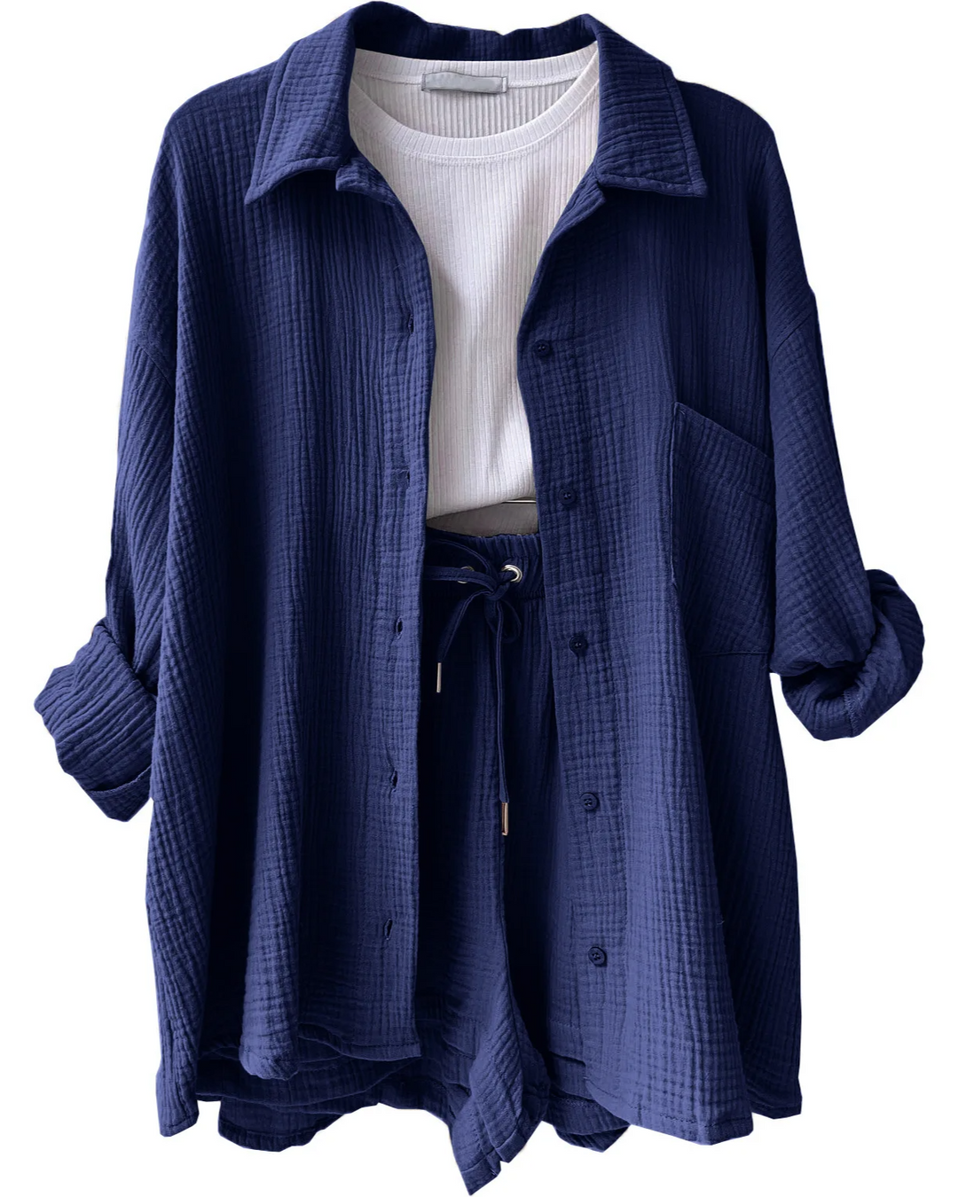 Stylish women's spring lounge set, a two-piece outfit with comfortable relaxed shorts.